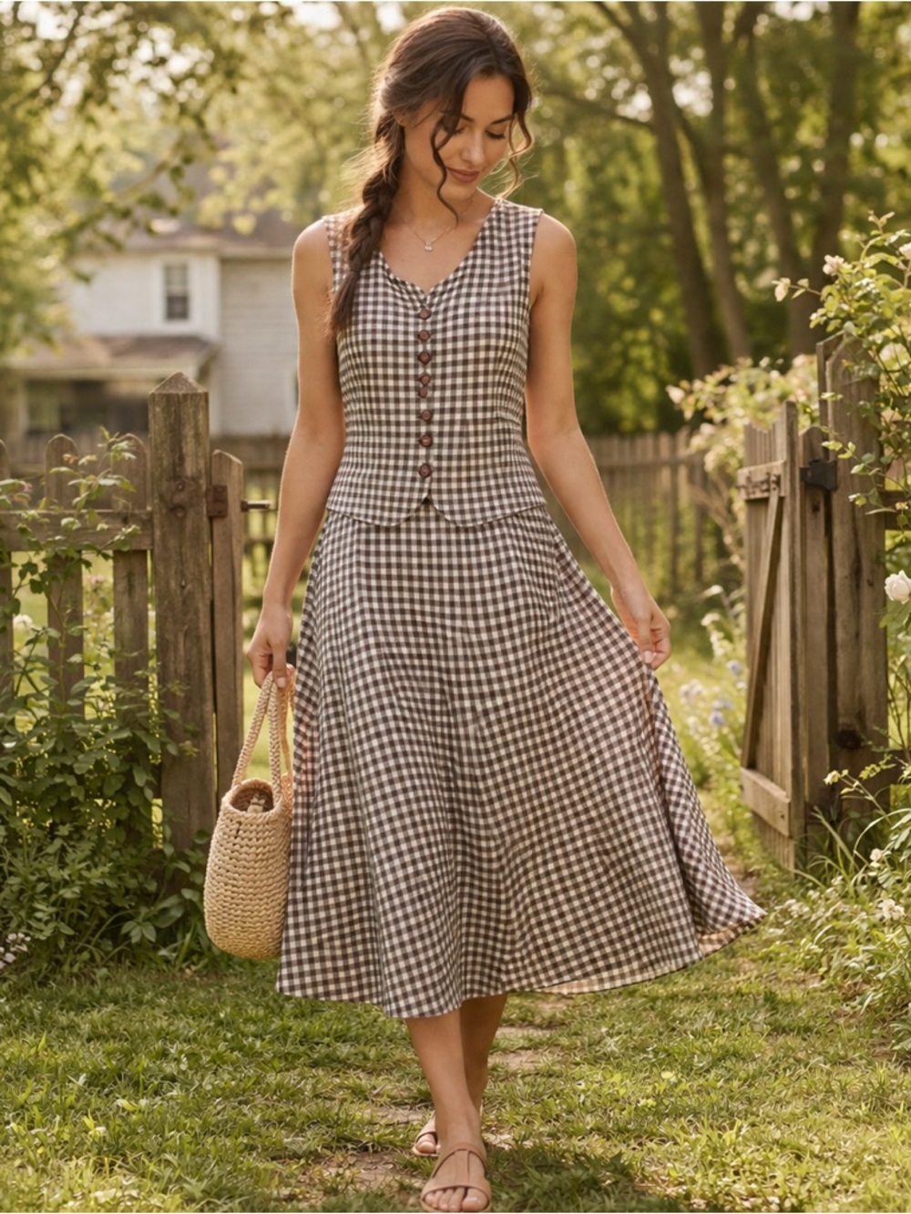 Brown Gingham Midi Skirt Set Handmade Cottagecore Vest Set Size M